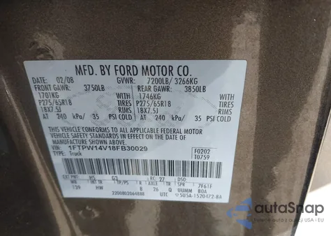 2008 Ford F-150 60Th Anniversary/Fx4/King Ranch/Lariat/Xlt из США, поврежденный, VIN 1FTPW14V18FB30029